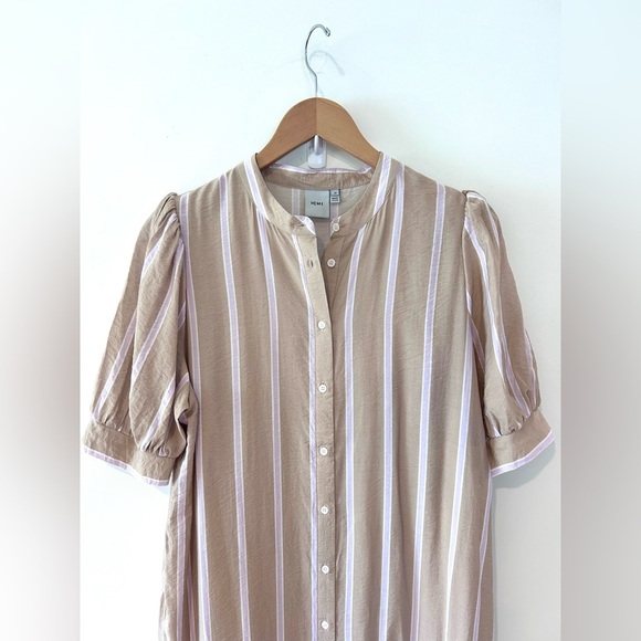 ICHI Striped Puff Sleeve Button-Front Dress - Size 38 - Picture 3 of 7